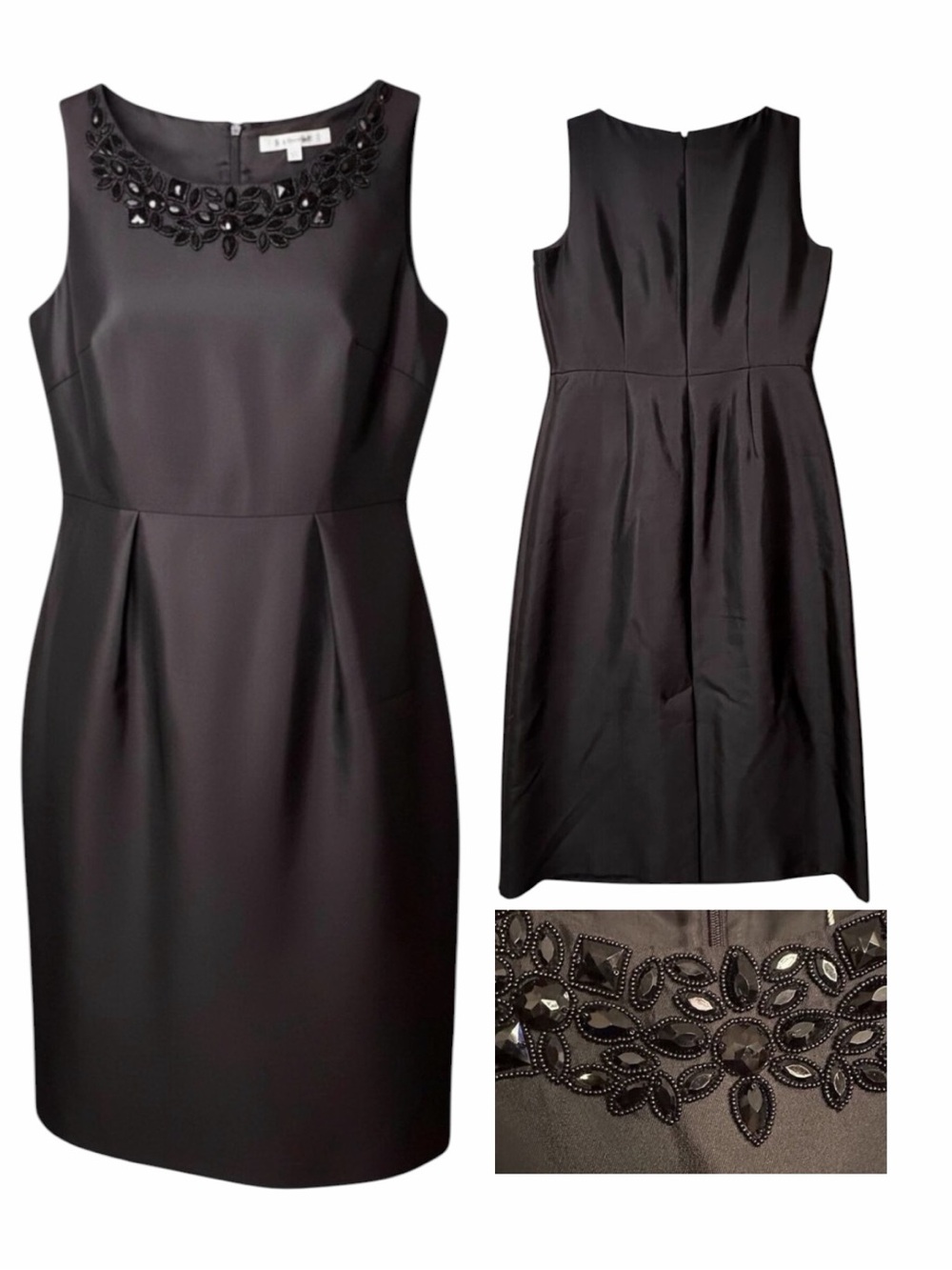 L.K. Bennett Sheath Dress Black Silk Wool Beaded Neckline Womens‎ 8